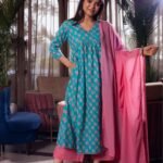 Turquoise And Pink Jaipuri Hand Block Print Suit